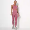 Nowe Kobiety 2 Sztuk Sport Siłownia Ubrania Fitnset Squat Dorośnik Pant SeamLleggings Yoga Biustonosz Sportwear Crop Top Active Workout Garnitur X0629