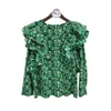 Fashion Sweet Green Chiffon Tops Designer Summer Women Ruffles Curse a manica lunga Fmeale 210519