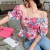 Women Floral Print Chiffon Blouse Summer Ladies V Neck Bandage Lace-up Backless Blouses Open Back Sexy Crop Tops 210601