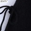 Zevity Frauen Mode Lace Up Kapuze Strickpullover Femme Chic Design Casual Pullover High Street Damen Schwarz Tops S558 210603