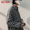 Ruihuoカジュアルレッドブラックチェック柄シャツ男性スリムフィットコットン男性長袖シャツブランドプラスサイズM-5XL Spring 210721