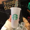 Starbucks 24OZ/710ml Plastic Tumbler Reusable Transparent Clear Drinking Flat Bottom Cup Pillar Shape Lid Straw Mug Bardian Fast Shipping