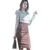 2ピースセットレディース韓国ファッション秋冬セクシーなオフィスホワイトトップスと女性服のための長いスカート210602