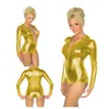 Stretch Shiny Metallic Women Long Sleeve Bodysuit Wet Look Front Zipper Skinny Jumpsuit Niglub Party Pole Dance Short Catsuit 210720