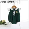 Atacado Primavera Bebê Sem Mangas Romper Estudante Verde Estilo Tie Bodysuits Terno Menino Menina Roupas E9202 210610