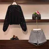 Korean 2 Piece Sets Outfits Women Plus Size Beading Sweater Pullover And Grey Shorts Suits Fashion Set Autumn Winter 210513