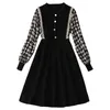 2022 Spring Long Sleeve Lapel Neck Black Contrast Color Print Knitted Panelled Buttons Knee-Length Dress Elegant Casual Dresses 21S13B441