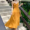 Strapless Beach Dress Lady Bohemian Long Summer es Women High Waist V-Neck Solid för Vestidos 8633 50 210508