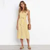 Zomerjurk vrouwen mouwloze casual streep gedrukt v-hals bandage Midi vrouwelijke knie lengte vintage voor dame 210526