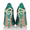 Designer-Green Rhinestone snake heel dress shoes women unique genuine leather pointed toe high heels pumps chaussures femme wedding shoe