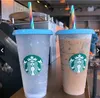 Starbucks 24oz/710ml قوس قزح البلاستيل البلاستيل القابل لإعادة الاستخدام الشرب الشرب المسطح السفلي أكواب الدعامة غطاء القش قش بارديان