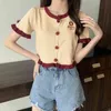 Loose and thin short short-sleeved knit sweater embroidered cardigan top summer Korean fashion women's clothing 210520