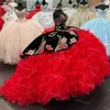 Vintage Rouge Et Noir Robes De Quinceanera Mexicaines 2023 De Luxe Chérie Organza À Volants À Volants Broderie Fleur Robe De Bal Corset Debutante Vestidos 15 ans