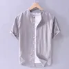 Chemise à manches courtes pour hommes surdimensionné 4XL coton lin col montant couleur unie basique décontracté hauts blancs été vêtements coréens 210601