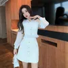 2 Pieces Set Spring Women Sweet Bow tie Chiffon Long Sleeve Patchwork Tweed Crop Top + High Waist Mini Skirt Suit 210514