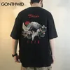 Gonthwid broderier japanska ukiyo e kranblommor montering fuji tee tröjor streetwear harajuku casual hip hop tshirts män topp man 210319