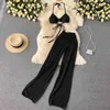 SINGREINY Women Summer Design Knitted Set Sexy Backless Halter Short Tops+Chic Hollow Wide Leg Long Pants Two Piece Suit 211105