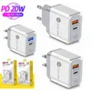 Cena hurtowa Typ C Charger 20W EU US AC Quick PD QC3.0 Ładowarki ścienne Adapter dla iPhone 11 12 Pro Max Samsung Tablet PC