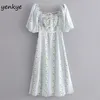 Sweet Floral Print Women Dress Lantern Sleeve Square Neck Elegant Summer Model Female Sexy Slits A-line Midi Lady es 210514