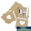 10 stks Jute Hessian Servies Pouch Pocket Love Bestek Mes Vork Houder Rustiek Voor Bruiloft Decoratie Valentijnsdag Woondecoratie