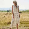 Fashion white print Ruffles Sleeveleaa long beach Dress female ladies Button maxi dresses for womens boho vintage dress 210508