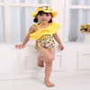 Summer Baby Girls Swimwear Lovely Yellow Floral Swimsuits+ Hat Children Fashion Swim Wear E06 210610