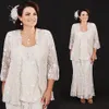 Ann Balon Vintage Lace Tea-längd Mor av bruden Klänningar Modest Plus Size Three Pieces Mors Groom Dress Mother Wedding Grows