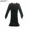 Zevity女性のセクシーなスパンコールのドットスリムプリーツメッシュドレス女性3四半期スリーブシックなvestidoバックジッパー服DS4913 210603