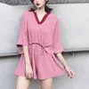 PERHAPS U Pink V Neck Flare Drawstring Short Sleeve Wide Leg Shorts Elastic Waist Women Casual Two-piece Set T0083 210529