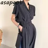 Matching Sets Pants Summer Casual Short Sleeve Turn Down Collar Blouse Tops Single Breasted High Waist Straight Wide Leg Pant 210429