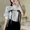 Ezgaga Sexy Vrouwen Blouse Koreaanse Fashion Puff Sleeve Hollow Out Solid Bowknot Chic Summer All-match Vrouwelijke shirts Casual 210430