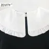 Zevity New Women Sweet Agaric Lace White Peter Pan Collar Patchwork Knitting Mini abito nero Donna manica corta Vestido DS4586 210325