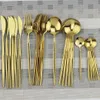 24 pcs Gold Dinnerware Conjunto De Aço Inoxidável Cutelaria Definir Espelho Silverware Faca De Forquilha De Forquilha De Força De Mesa De Talheres Definir Lavador De Máquinas De Máquina De Máquinas Seguro 210706