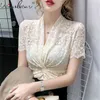 Korean Fashion Clothing Solid Women T-shirt Summer Womens Tops Vintage Elegant Lace See Through Tshirts Blusas T07308B 210421
