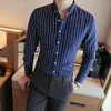 ビジネスの男性のシャツのブランドのファッション長袖シャツの男性すべてのマッチスリムフィット縞模様のシャツ男性フォーマルウェアブラウスホム210708