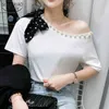 여성 여성 화학 자멘트 여름 셔츠 여성 한국어 스타일 대학 구슬 둥근 목 활 느슨한 슬리밍 셔츠 10263 210508