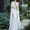 Elegant Arabic Dubai Ivory Mermaid Formal Evening Dresses Cape Long Sleeves Crystals Beaded Muslim Special Occasion Dress Jewel Neck Prom Gowns 2022