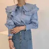 Spring Long Sleeve Blue Women Shirts Korean Loose Button Up Shirt Chic Double-layer Collar Ruffle Elegant Slim Tops 13804 210506