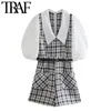 Frauen Mode Mit Gürtel Patchwork Tweed Playsuits Vintage Puff Sleeve Zurück Zipper Weibliche Overalls Mujer 210507