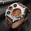 Oulm Sports Klockor Super Big Style Quartz Watch Male Dual Time Zone Dekorativ termometer Kompass Pu Mäns Armbandsur