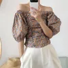 Sexig Off Shoulder Crop Blouse Women Puff Sleeve Pleeated Floral Print Blusas Koreanska Chic Eleganta Toppar 210519