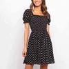 Polka Dot Dress Preto Branco Mulheres Verão Verão Quadrado Collar A-Linha Mini Sundress Vestidos de Mujer Outfit 210427