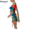 Women Sets Crop Top&skirts Tie Dye Print Drawstring Ruched Slim Clothing Summer Sexy Evening Party Club Female 210513