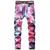 Kamuflażowe dżinsy dla mężczyzn Fancy Color Tied Dye Drukuj dżinsy 2021 Spring Fashion Slim Stretch Denim Pants Painted Spodni x0215k