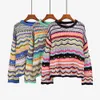스웨터 여성 긴 소매 다채로운 줄무늬 스티치 O 넥 캐주얼 스웨터 여성을위한 니트 패션 가을 겨울 느슨한 스웨터