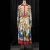 Summer Fall Lapel Mid-Calf High Waist Dress Big Plus Size Geometric Printed Elegant Office Ladies Tunic Pleated Midi Dress Y2K X0629