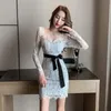 Casual Dresses Night Workwear Elegant Women's Clothing Winter Low-Cut Skinny Sheath Lace Long Sleeve Nightclub Sexy Dress