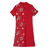 パーティードレス夏の綿とリネンの刺繍改良Cheongsam Dressヴィンテージ花半袖ミニ女性レッドブラック