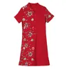 Abiti da festa Abito estivo in cotone e lino ricamato Abito cheongsam migliorato Vintage floreale manica corta Mini donna rosso nero