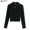 Zevity Women Fashion Solid Slå ner Krage Double Slider Zipper Knitting Sweater Femme Långärmad Chic Cardigan Coat Tops S486 210603